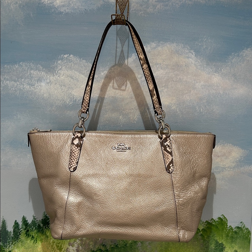 COACH Metallic Leather Exotic Snake Print Trim Ava Tote